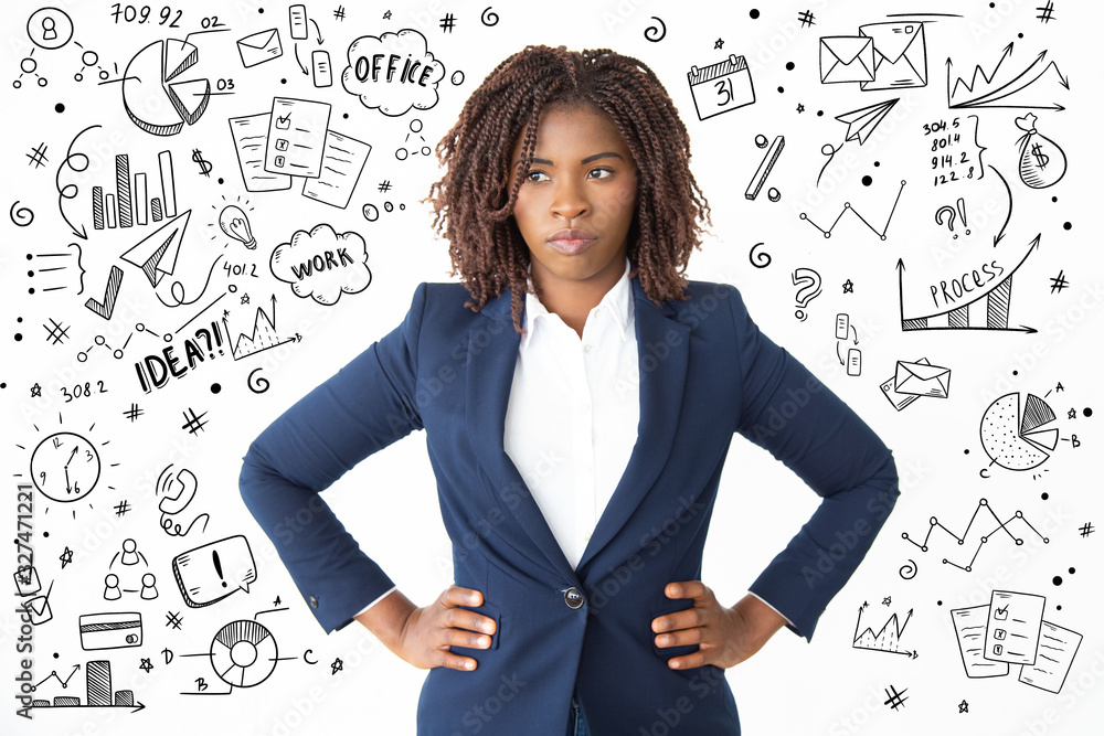 Hand drawn business pictures with woman with hands on waist. Portrait of serious young businesswoman standing with hands on waist and looking aside isolated on white background. Confidence concept Hand drawn business pictures with woman with hands on waist. Portrait of serious young businesswoman standing with hands on waist and looking aside isolated on white background. Confidence concept