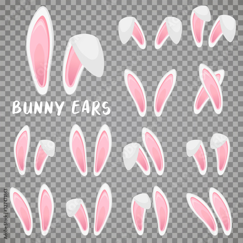 Easter bunny ears stickers collection. Set of masks Rabbit ear on transparent background. Vector illustration