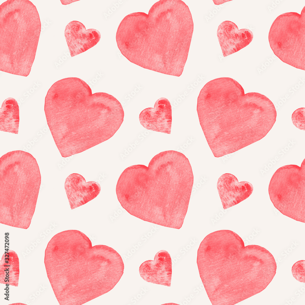 watercolor red hearts seamless pattern on a grey background.