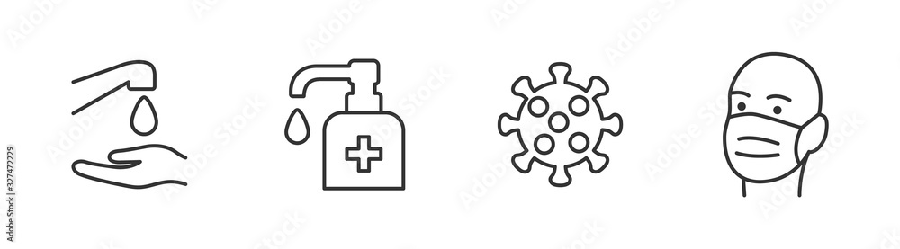Hygiene vector icon set. Virus care black line outline icons collection. Washing hands, anti bacterial soap Hygiene vector icon set. Virus care black line outline icons collection. Washing hands, anti bacterial soap