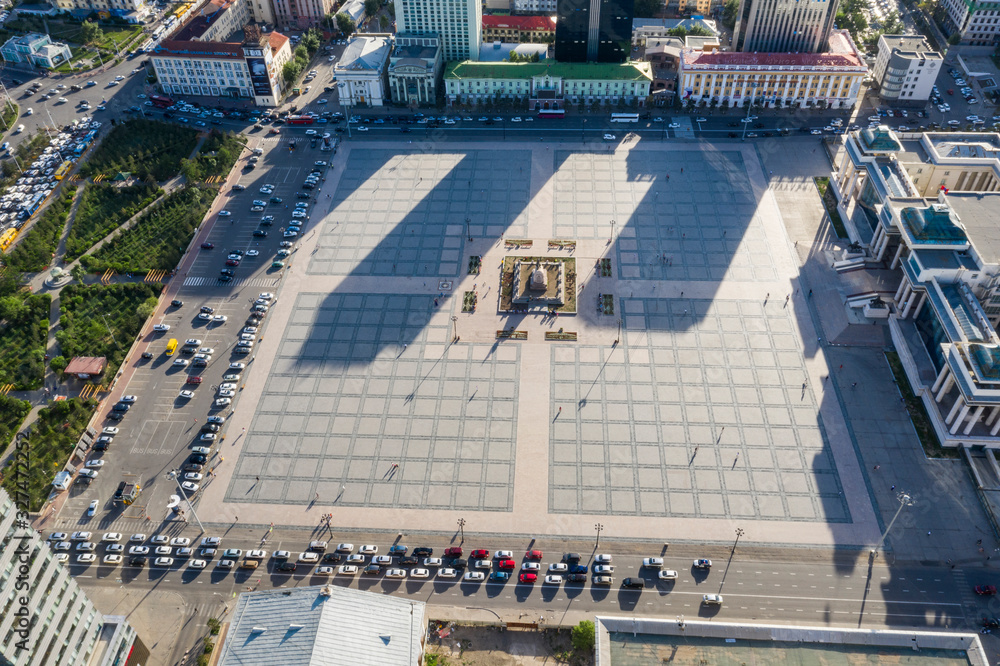 Aerial view of the Sukhbaatar Square, the main square of Ulaanbaatar, the capital of Mongolia, circa June 2019