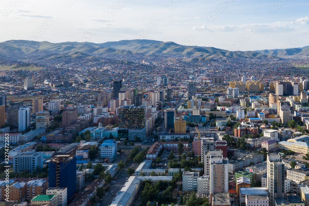 Aerial view of Ulaanbaatar, the capital of Mongolia, circa June 2019