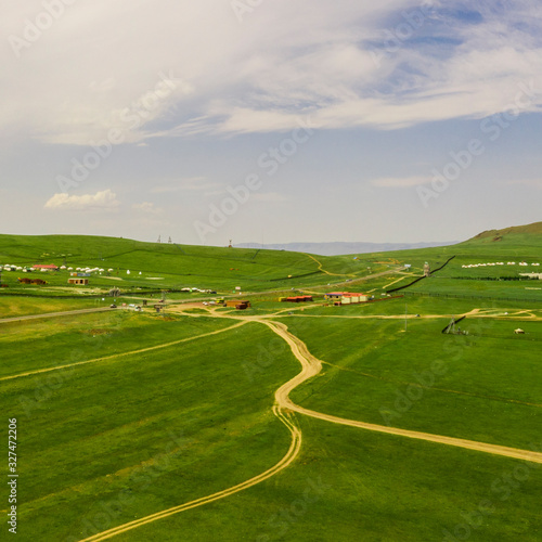 Aerial view of the Mongolian countryside, not far from Ulaanbaatar, the capital of Mongolia, circa June 2019