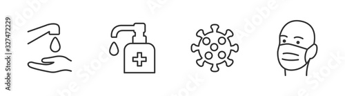 Hygiene vector icon set. Virus care black line outline icons collection. Washing hands, anti bacterial soap