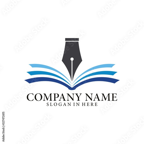 Book education logo template illustration design. Smart learning education be conceived with pen above the book. Open book logo design.