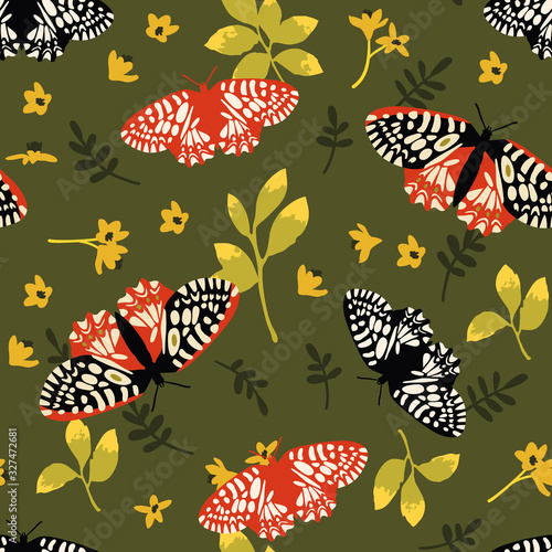 Vector seamless pattern with bright butterflies, leaves and flowers. Hand drawn texture design