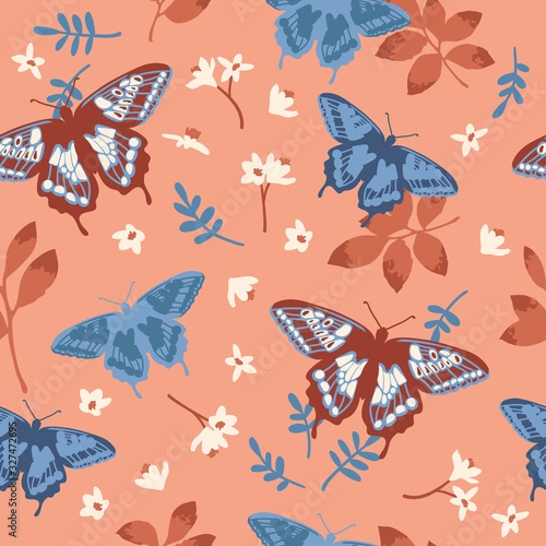 Vector seamless pattern with bright butterflies, leaves and flowers. Hand drawn texture design