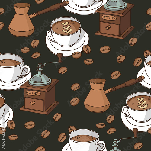 Vector seamless pattern with coffee cups, coffee grinder, coffee fryer, coffee beans.