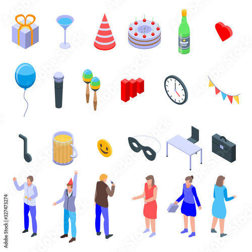 Office party icons set. Isometric set of office party vector icons for web design isolated on white background