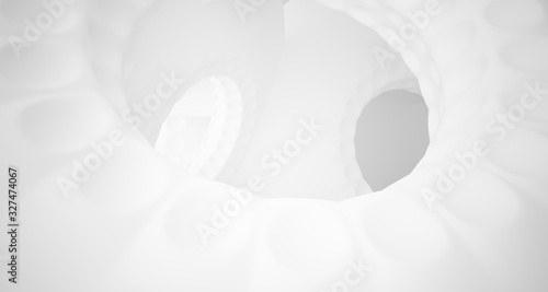 Abstract architectural background. White interior with smooth discs. 3D illustration and rendering.