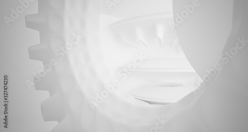 Abstract architectural background. White interior with smooth discs. 3D illustration and rendering.