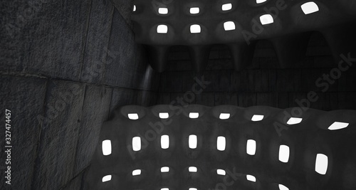 Architectural background. Abstract concrete interior with smooth chrome discs. Neon lighting. 3D illustration and rendering