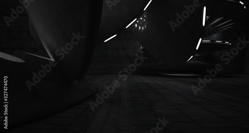 Architectural background. Abstract concrete interior with smooth chrome discs. Neon lighting. 3D illustration and rendering