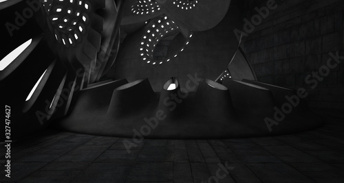 Architectural background. Abstract concrete interior with smooth chrome discs. Neon lighting. 3D illustration and rendering