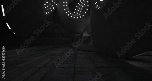 Architectural background. Abstract concrete interior with smooth chrome discs. Neon lighting. 3D illustration and rendering