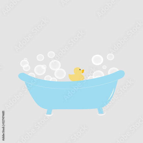 Picture of a bath with soap bubbles. Classic bathtub in cartoon style. Vector illustration of soap bubbles. Sign for packaging soap hygiene products for children.