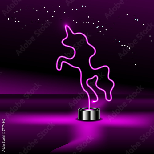 Glowing Neon Pink Unicorn. Glow effect sign night club or bar concept. on dark background. editable vector