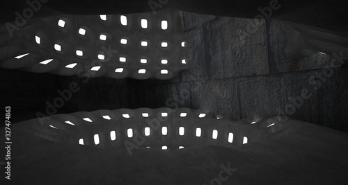 Architectural background. Abstract concrete interior with smooth chrome discs. Neon lighting. 3D illustration and rendering