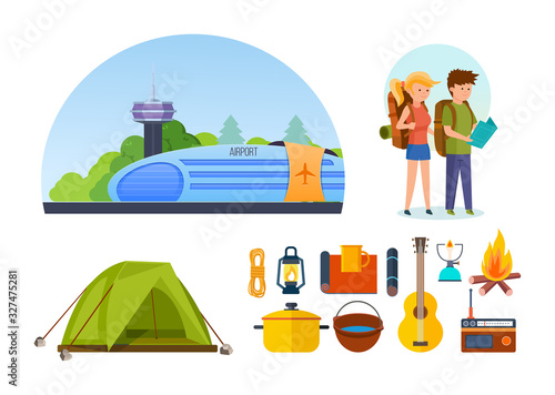 Airport building, runway for airplanes, airport landscape. Group of tourists with their accessories, backpack, camera, suitcase, compass, credit card, glasses,tourist tent. Travel trip vector