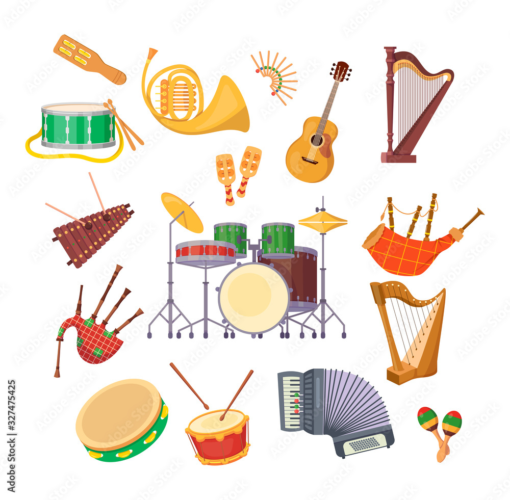 Obraz premium Set classical musical metal wood acoustic instruments: tambourine, drums, acoustic electronic guitars, violin, accordion, trumpet, flute, maracas, pianos, drums music instruments cartoon vector