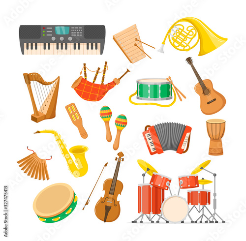 Set classical musical metal wood acoustic instruments: tambourine, drums, acoustic electronic guitars, violin, accordion, trumpet, flute, maracas, pianos, drums music instruments cartoon vector