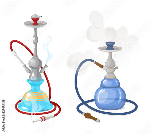 Modern hookah with smoke and steam, smoke and fruit flavors. Modern device hookah, replacement of conventional paper cigarettes with smoking flavored tobacco. Vector illustration isolated.