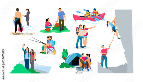 Tourists people group couple hiking. Man woman on hiking trip, go diving, ascend the mountain, pick mushrooms, rafting on kayak lake, catch fish, cook food, joint selfie in camping cartoon vector