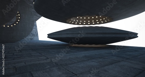 Architectural background. Abstract concrete interior with smooth chrome discs. Neon lighting. 3D illustration and rendering.