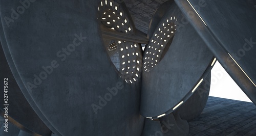 Architectural background. Abstract concrete interior with smooth chrome discs. Neon lighting. 3D illustration and rendering.