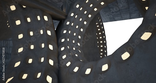 Architectural background. Abstract concrete interior with smooth chrome discs. Neon lighting. 3D illustration and rendering.