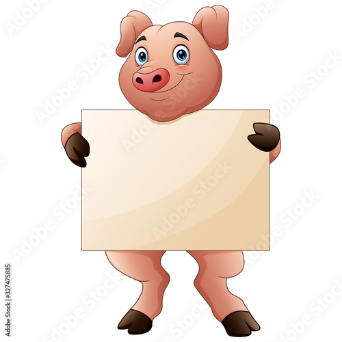 Cartoon pig holding blank sign with both hands