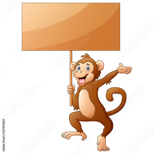 Monkey cartoon holding a wooden sign on white background