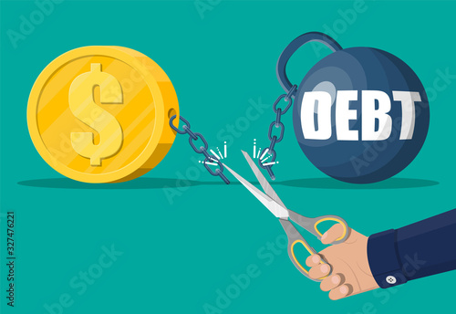 Businessman hand with scissors cutting debt weight chain. Big heavy debt weight with shackles and gold coin. Tax burden, financial crime, fee, crisis and bankruptcy. Vector illustration in flat style