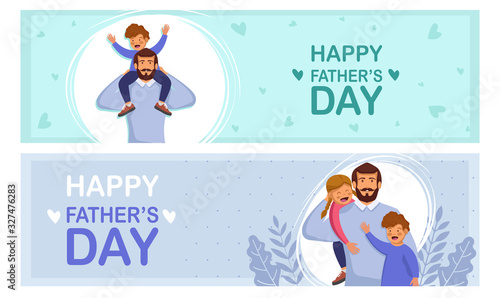 Set greeting cards Happy Father's Day. Vector illustration of a flat design - stock vector. Happy father's day template design. Cartoon photo of father, red-haired son and daughter hugging together. 