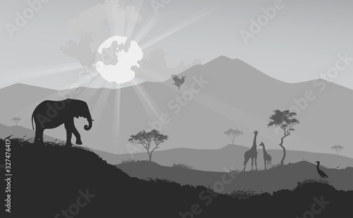 Landscape savannah with wild animals, vector illustration
