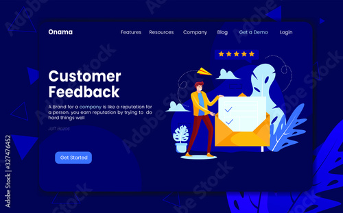 landing page customer feedback management, customer reviews. the man holds a letter envelope containing a checklist and above it there are five stars. flat vector illustration design, modern design