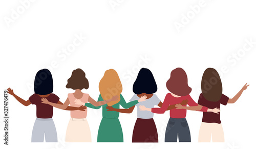 8 March Women's day. A group of women standing together and holding hands. Vector illustration. 