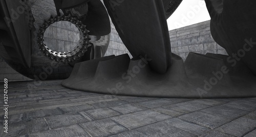 Architectural background. Abstract concrete interior with smooth chrome discs. 3D illustration and rendering.
