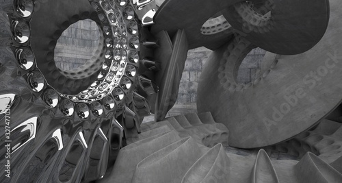 Architectural background. Abstract concrete interior with smooth chrome discs. 3D illustration and rendering.