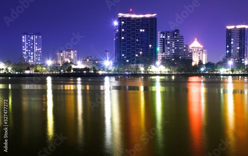 Colorful night view of Sriracha  Thailand  with modern city buildings