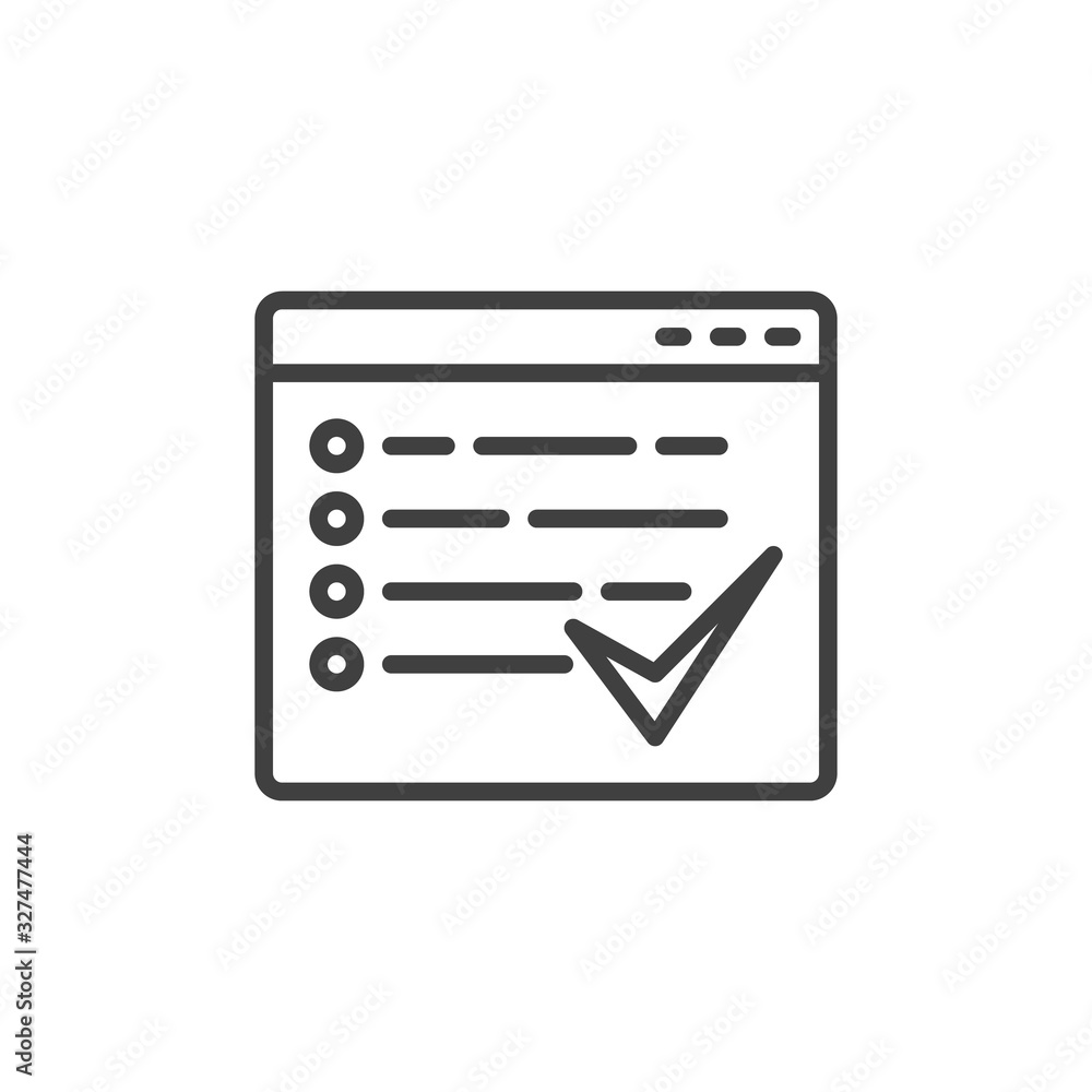 Website checkbox line icon. Checklist browser linear style sign for mobile concept and web design. Web page browser report outline vector icon. Symbol, logo illustration. Vector graphics Website checkbox line icon. Checklist browser linear style sign for mobile concept and web design. Web page browser report outline vector icon. Symbol, logo illustration. Vector graphics