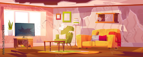Old dirty living room with broken furniture. Vector cartoon illustration of empty abandoned home interior with mess, torn couch upholstery, crashed television and broken wooden floor
