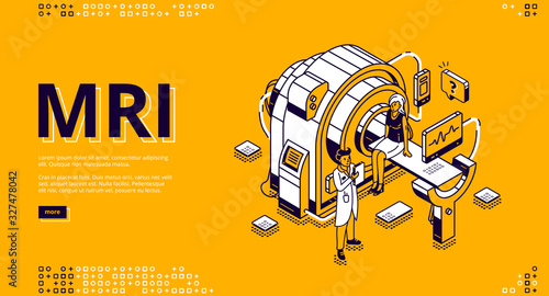 Mri scanner with patient and doctor isometric landing page. Woman in room for magnetic resonance imaging, digital technology in medicine diagnostic, ultrasonography 3d vector line art, web banner