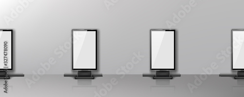 Blank billboards displays in row along grey wall in office hallway. Empty lobby interior with white LCD screen floor stands for advertising. Horizontal seamless background, realistic 3d vector mock up