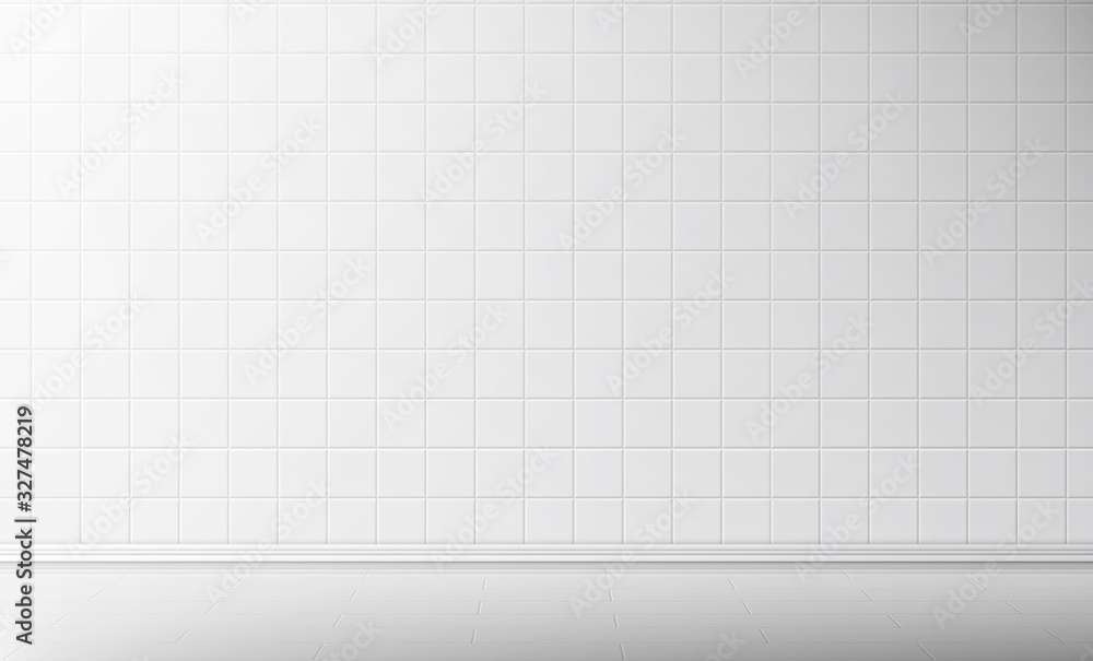 White tile wall and floor in bathroom vector seamless background, empty kitchen or toilet interior room with square mosaic surface, ceramic tiled grid pattern, bath decor, Realistic 3d illustration White tile wall and floor in bathroom vector seamless background, empty kitchen or toilet interior room with square mosaic surface, ceramic tiled grid pattern, bath decor, Realistic 3d illustration