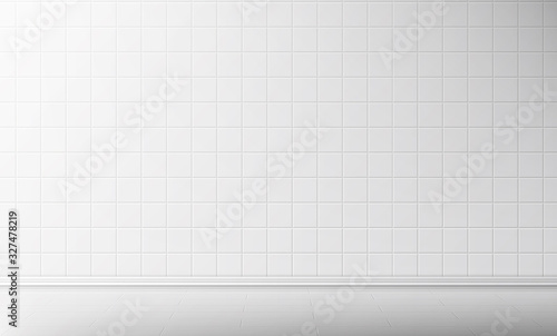 White tile wall and floor in bathroom vector seamless background, empty kitchen or toilet interior room with square mosaic surface, ceramic tiled grid pattern, bath decor, Realistic 3d illustration