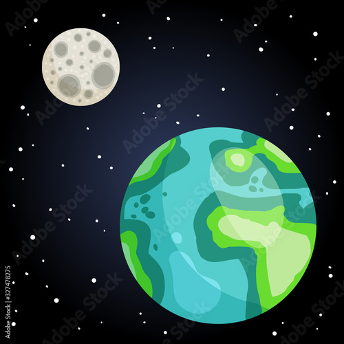 Stylized planet Earth and Moon satellite view from space illustration. Cosmos planets cartoon vector image. Astronomic art image