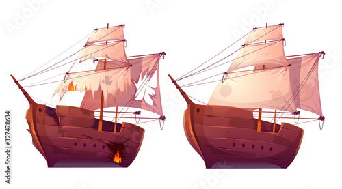Retro wooden ships with white sail cartoon vector. Galleon or frigate and broken sailboat after sea battle. Ship in fire with holes in the hull isolated on white background