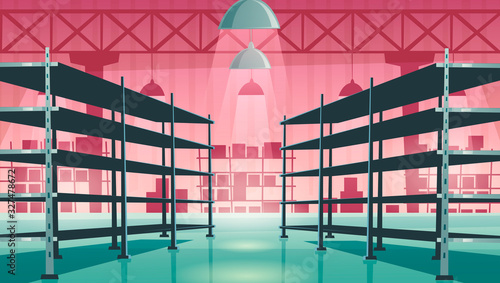 Warehouse interior with empty metal racks. Vector cartoon illustration of storage room interior with shelves for stock, cargo, goods. Storehouse in store, garage, market