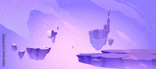 Space background with landscape of alien planet with craters and crack. Vector cartoon fantasy illustration of purple galaxy sky with stars and ground surface with rocks